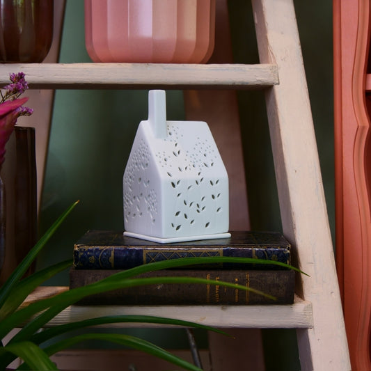 RÄDER – Photophore maison feuilles en porcelaine blanche