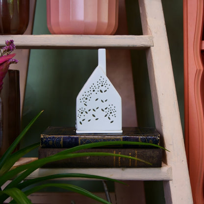 RÄDER – Photophore maison feuilles en porcelaine blanche