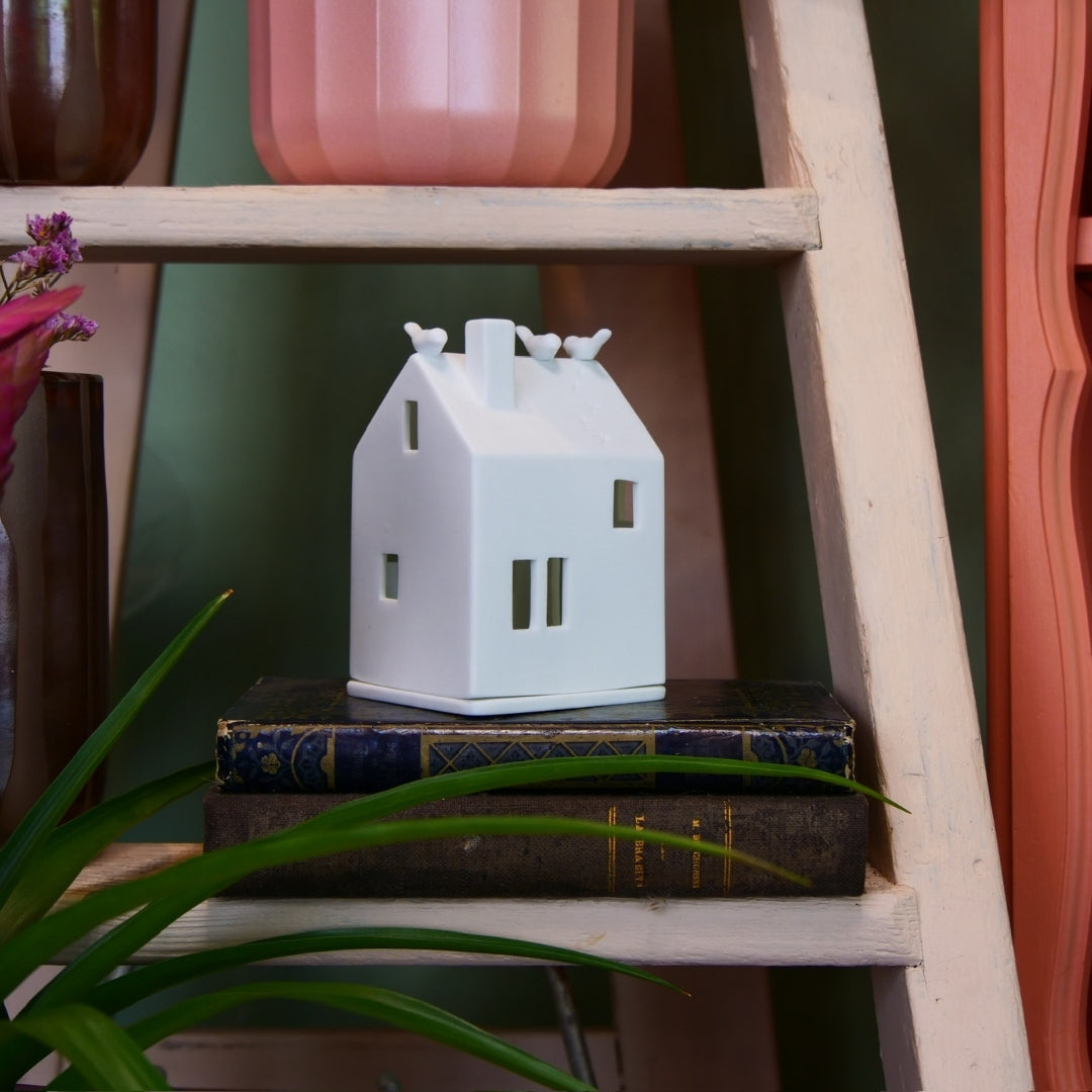 RÄDER – Photophore maison aux oiseaux en porcelaine blanche